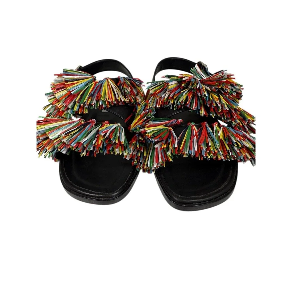 Manolo Blahnik Black Espadrille Sandals with Multicolor Tassels